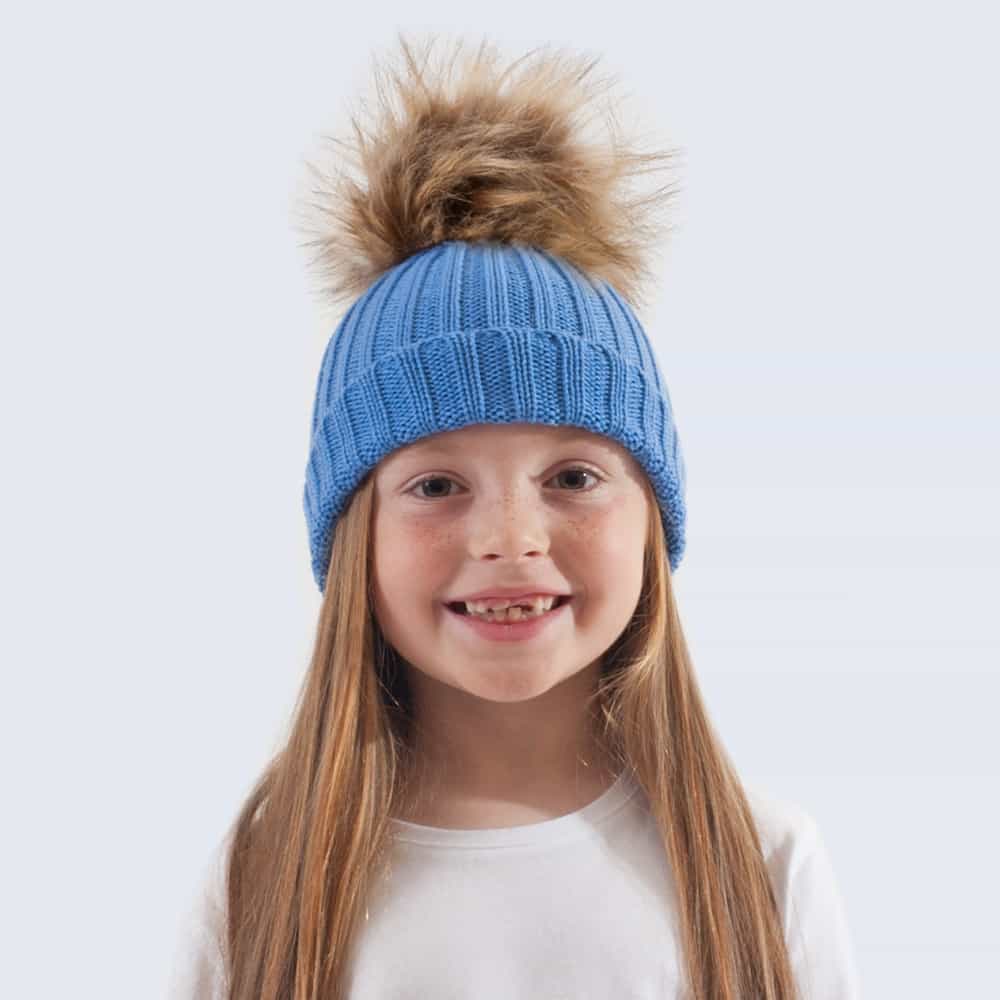 Tiny Tots Merino Wool Faux Fur Pom Pom Hat Alice Blue