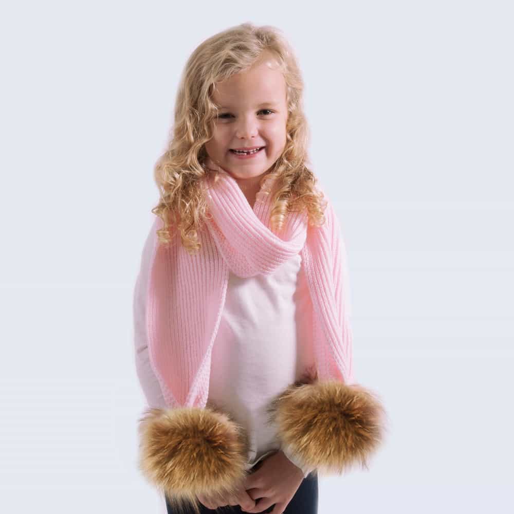 Tiny Tots Candy Pink Scarf with Brown Fur Pom Poms