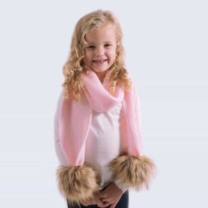Tiny Tots Candy Pink Scarf with Brown Faux Fur Pom Poms
