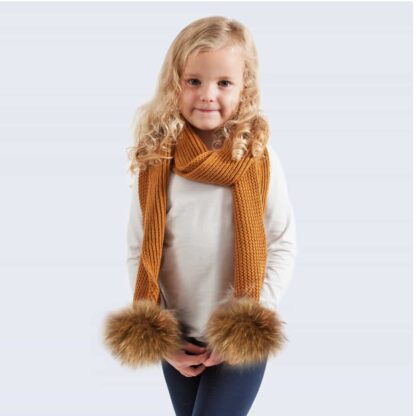 Tiny Tots Caramel Scarf with Brown Faux Fur Pom Poms