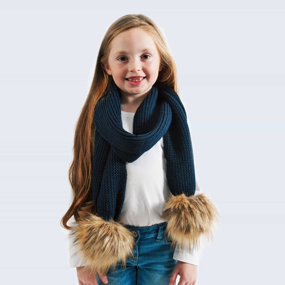 Tiny Tots Navy Scarf with Brown Faux Fur Pom Poms