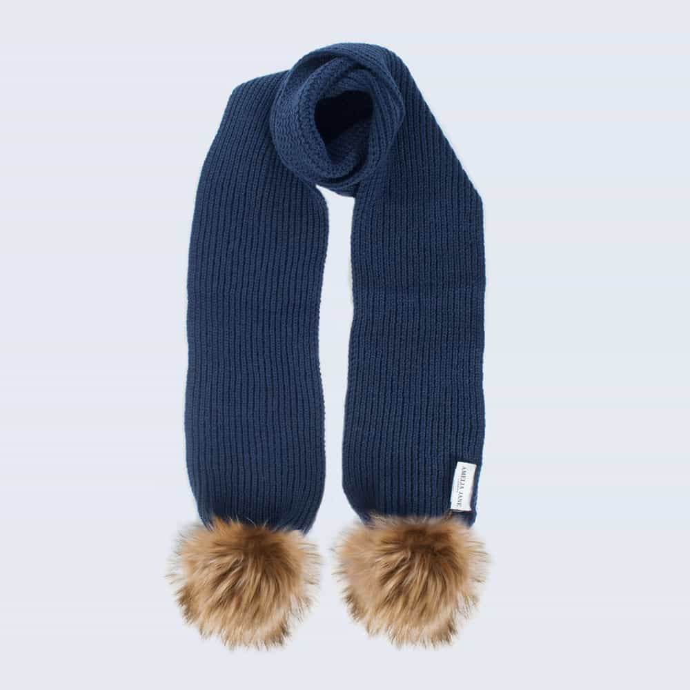 Tiny Tots Navy Scarf with Brown Faux Fur Pom Poms