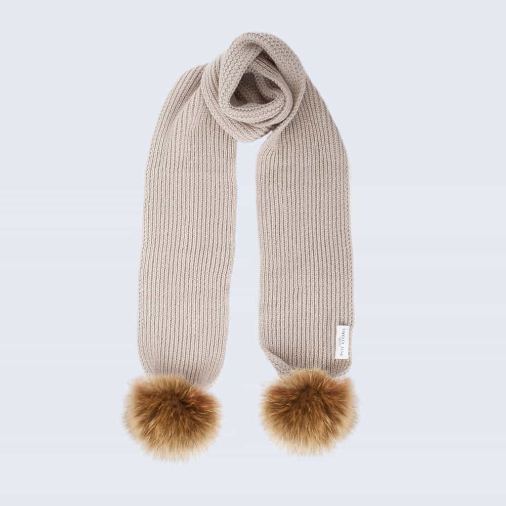 Tiny Tots Oatmeal Scarf with Brown Fur Pom Poms