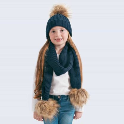 Tiny Tots Navy Set with Faux Brown Fur Pom Poms