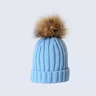 Sky Blue Tiny Tots Hat with Brown Faux Fur Pom Pom