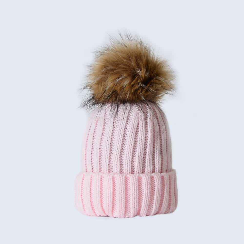 Candy Pink Tiny Tots Hat with Brown Faux Fur Pom Pom