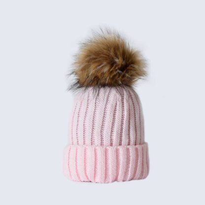 Candy Pink Hat with Brown Faux Fur Pom Pom