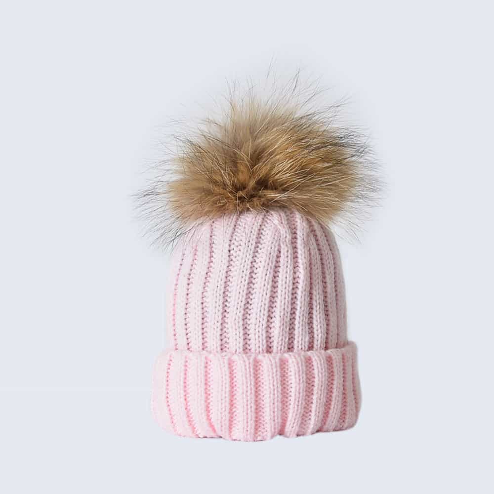 Candy Pink Tiny Tots Hat with Brown Fur Pom Pom