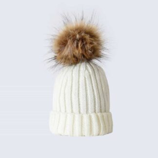 Ivory Tiny Tots Hat with Brown Faux Fur Pom Pom