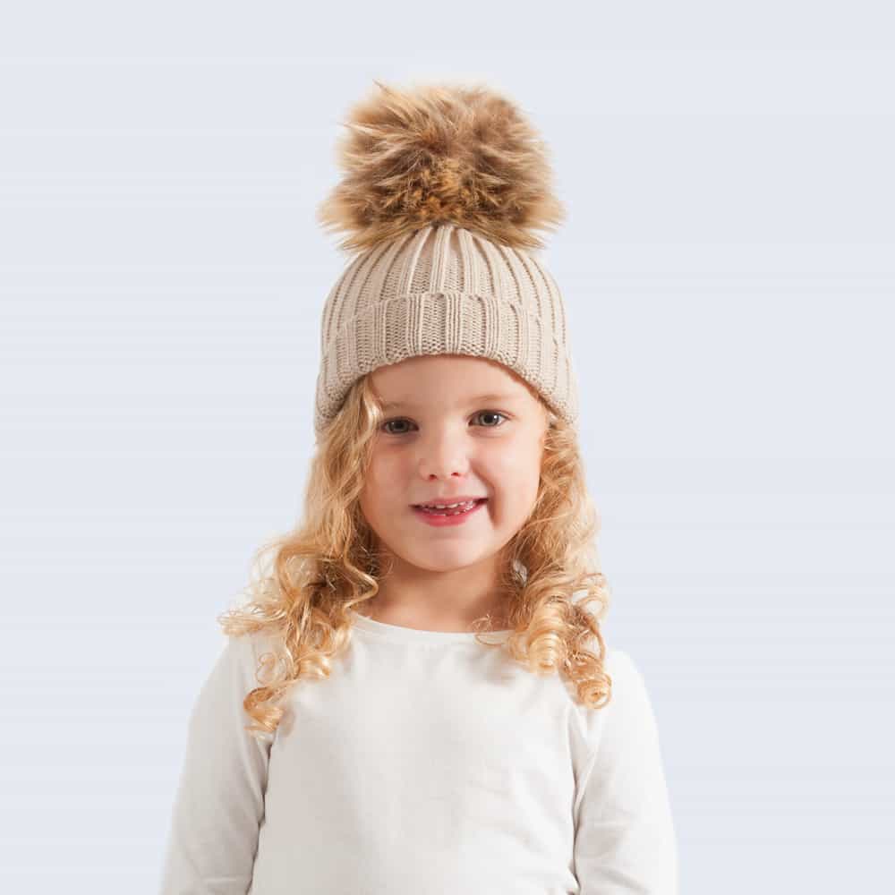 Oatmeal Tiny Tots Hat with Brown Faux Fur Pom Pom