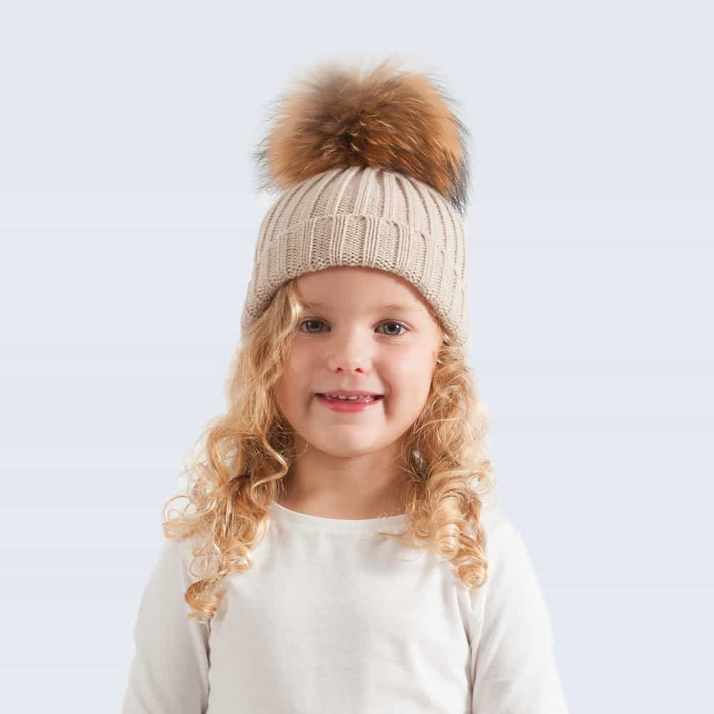 Oatmeal Tiny Tots Hat with Brown Fur Pom Pom