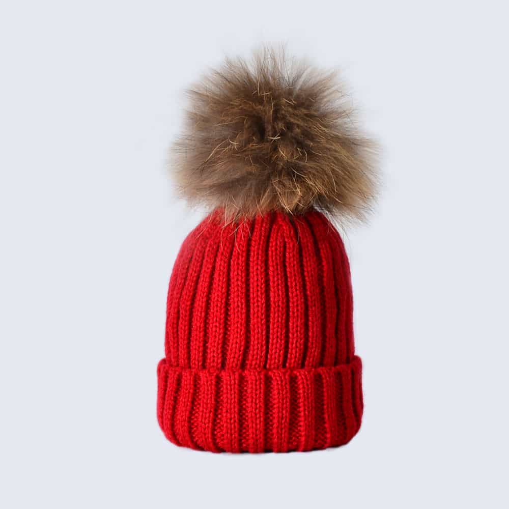 Scarlet Tots Hat with Brown Fur Pom Pom